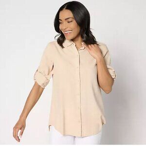 Side Stitch Button-Down Roll-Tab Tunic-Lotus Flower-Large